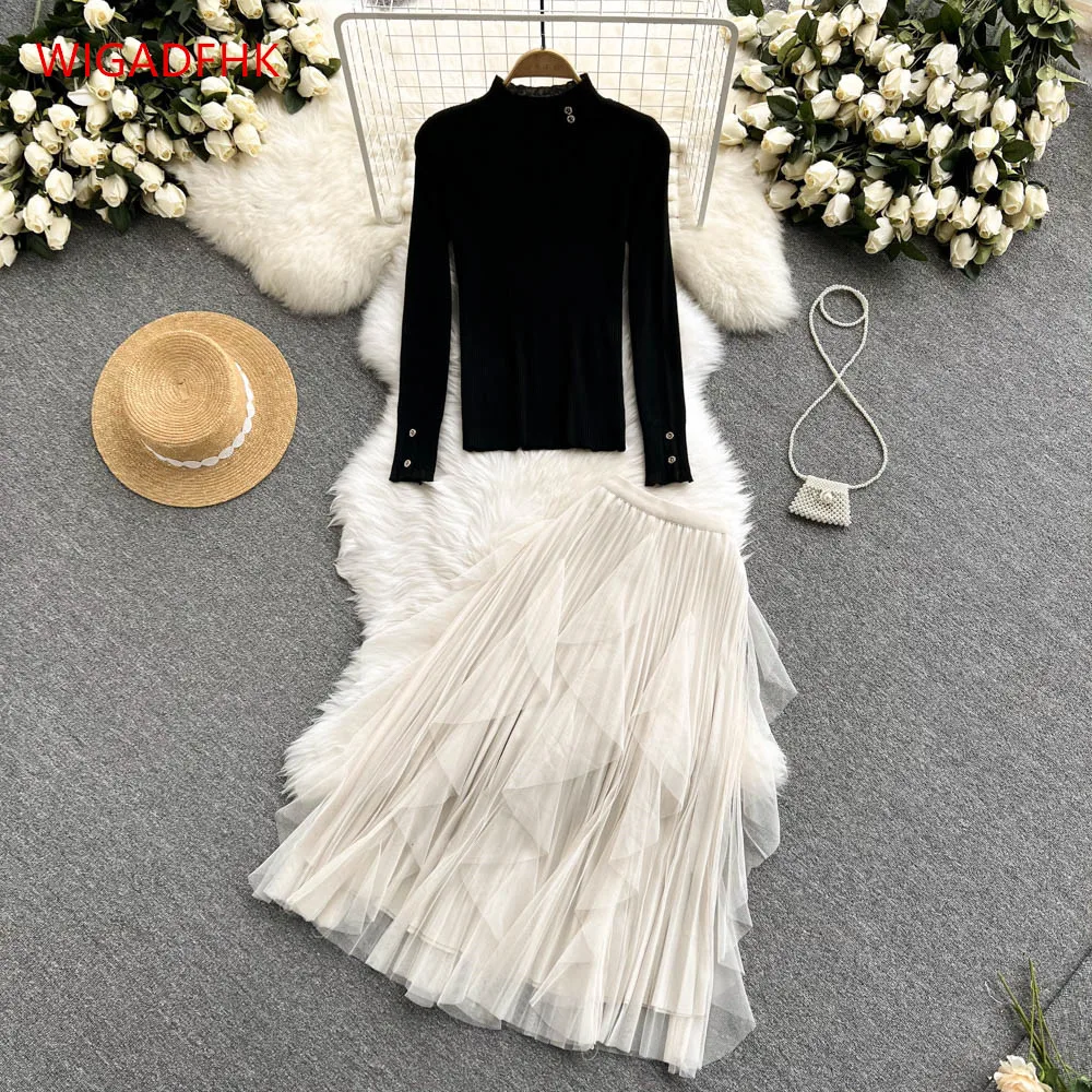 Женский трикотажный костюм, черный облегающий свитер и бежевая сетчатая юбка с высокой талией, повседневный элегантный праздвечерние чный ... 
Женский трикотажный костюм, черный облегающий свитер и бежевая сетчатая юбка с высокой талией, повседневный элегантный праздвечерние чный ...