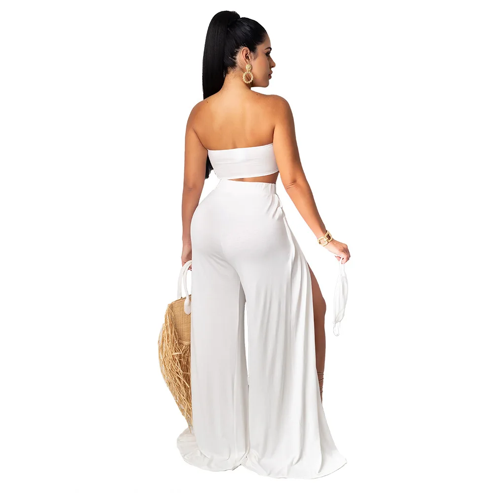 Summer Sexy Two Piece Sets Strapless Crop Top and High Split Pants Suits Beach Pants Set Party Club Rave Outfit Wholesale 2021 
Summer Sexy Two Piece Sets Strapless Crop Top and High Split Pants Suits Beach Pants Set Party Club Rave Outfit Wholesale 2021
