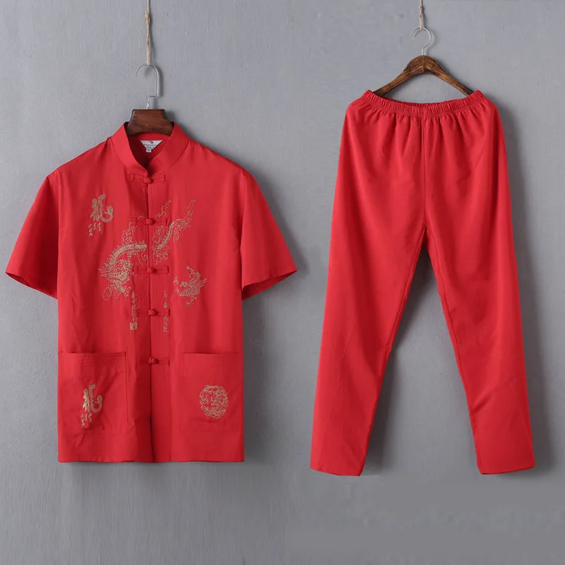 Male Chinese Traditional Costumes Set 2PCs Shirts+trousers Breathable Cotton Dragon Embroidery Men New Year Kung Fu Tang Suit 
Male Chinese Traditional Costumes Set 2PCs Shirts+trousers Breathable Cotton Dragon Embroidery Men New Year Kung Fu Tang Suit