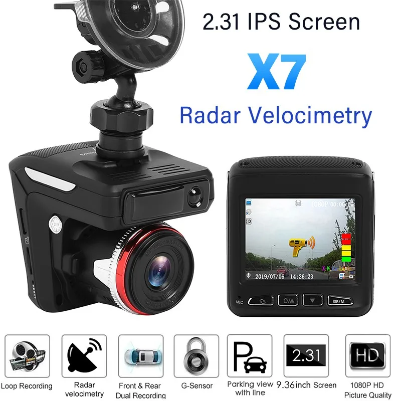 

X7 2 in 1 Car DVR Dash Cam Radar Detector 2.31 inch IPS Display HD Dashboard Camera Vehicle Anti Radar Detector Flow Velocity