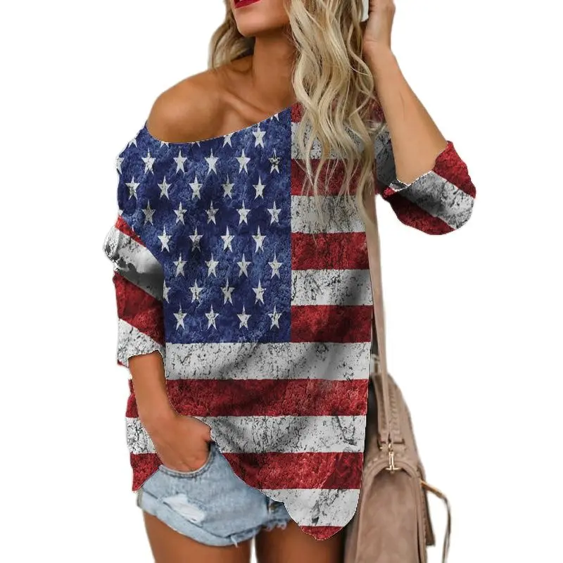 

Fashion American Flag Long T-Shirt Sleeve Women Clothing 2021 Autumn New Skew Collar Casual Top Oversized Loose Tee Shirt Female