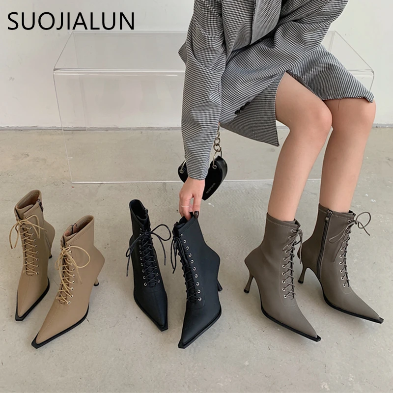 SUOJIALUN Pointed Toe Women Ankle Boots Cross Tied Lace Up Thin High Heel Ladies Chelsea Boots Zipper Winter Pumps Short Boots
SUOJIALUN Pointed Toe Women Ankle Boots Cross Tied Lace Up Thin High Heel Ladies Chelsea Boots Zipper Winter Pumps Short Boots