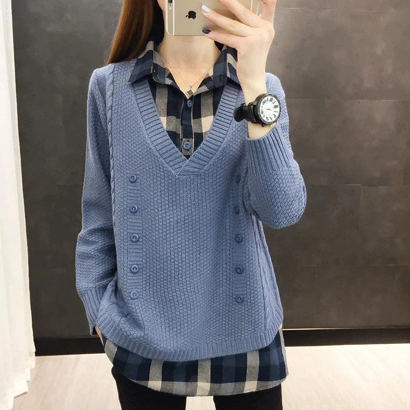 Spring Autumn Style Fake Two-piece Knitted Sweater Pullover Lady Casual Turn-down Collar Long Sleeve Knitted Pullover ZZ0999
Spring Autumn Style Fake Two-piece Knitted Sweater Pullover Lady Casual Turn-down Collar Long Sleeve Knitted Pullover ZZ0999