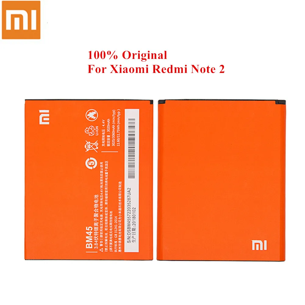 100% Оригинальный аккумулятор BM45 для Xiaomi Redmi Note 2 Hongmi Redrice Note2 3020/3060 мАч настоящий