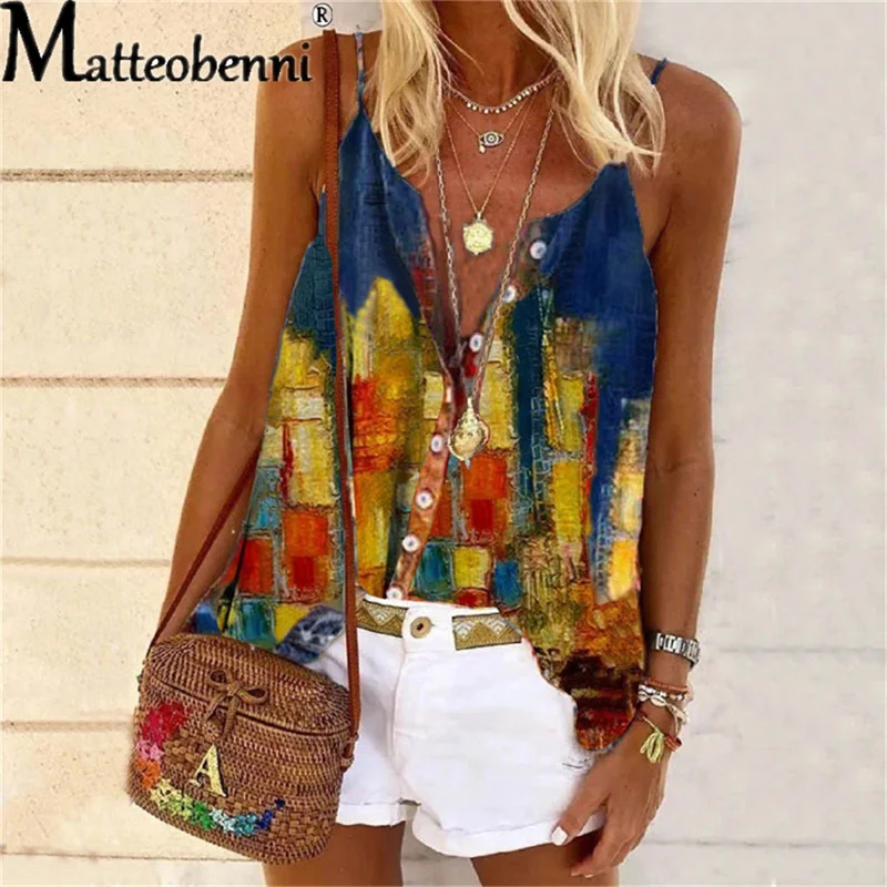 Women Casual Spaghetti Strap Cardigan V-neck Printed Tank T Shirt Summer Loose Plus Size Button Irregular Ladies Streetwear Tops
Women Casual Spaghetti Strap Cardigan V-neck Printed Tank T Shirt Summer Loose Plus Size Button Irregular Ladies Streetwear Tops