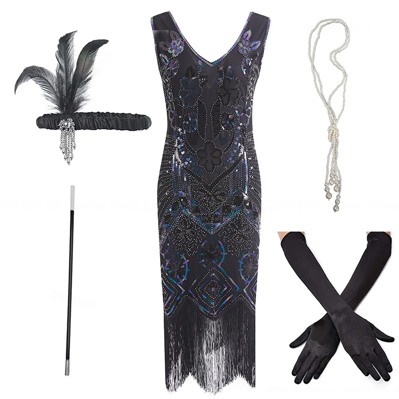 

1920s Flapper Roaring Plus Size 20s Great Gatsby Fringed Sequin Beaded Dress and Embellished Art Deco Dress Accessories XXXL