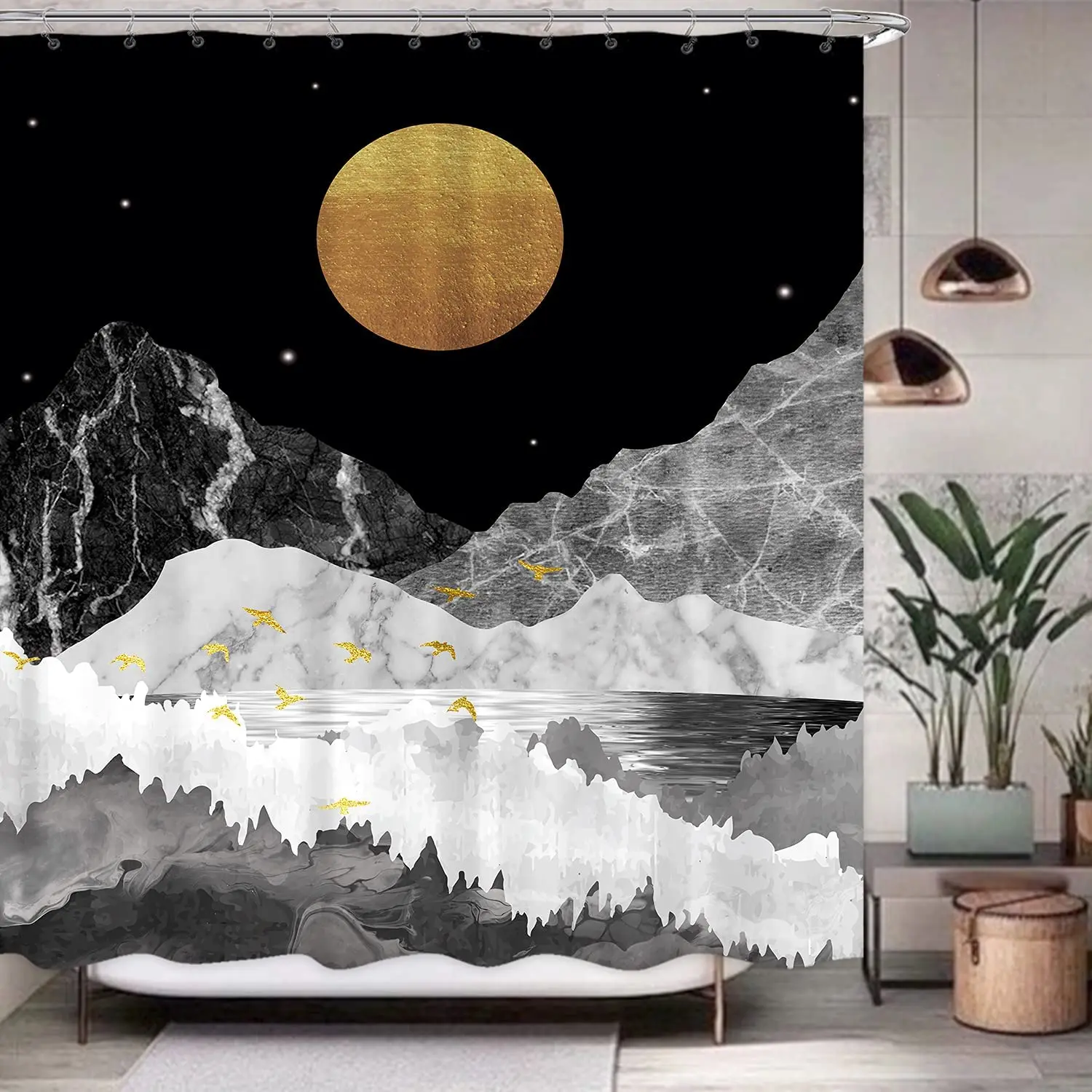 Abstract Mountain Forest Shower Curtain Nature Landscape Scenic Black Grey Lake Golden Moon Calm Fabric Home Bathroom Curtain
Abstract Mountain Forest Shower Curtain Nature Landscape Scenic Black Grey Lake Golden Moon Calm Fabric Home Bathroom Curtain