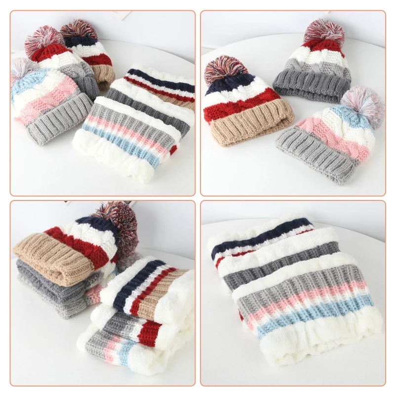 

Kids Winter 2Pcs Cable Knit Beanie Hat Scarf Set Cute Pompom Contrast Color Stripes Skull Cap Plush Lined Neck Warmer