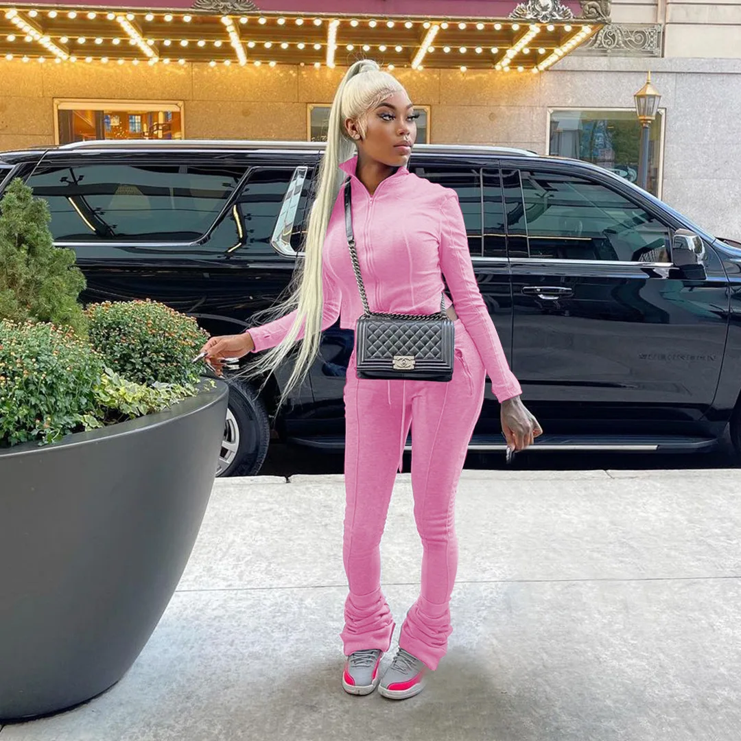 Solid Color Casual Women Sporty Two Piece Set Long Sleeve Zipper Jacket and Stacked Pleated Pants 2021 Autumn Sportsuit Clothes
Solid Color Casual Women Sporty Two Piece Set Long Sleeve Zipper Jacket and Stacked Pleated Pants 2021 Autumn Sportsuit Clothes