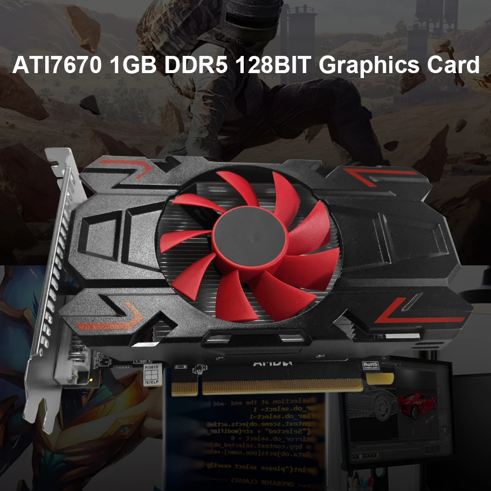 ATI7670 1GB DDR5 128Bit Computer Discrete Graphics Card with Red Cooling Fan Video Cards Accessories for Desktop Computer
ATI7670 1GB DDR5 128Bit Computer Discrete Graphics Card with Red Cooling Fan Video Cards Accessories for Desktop Computer