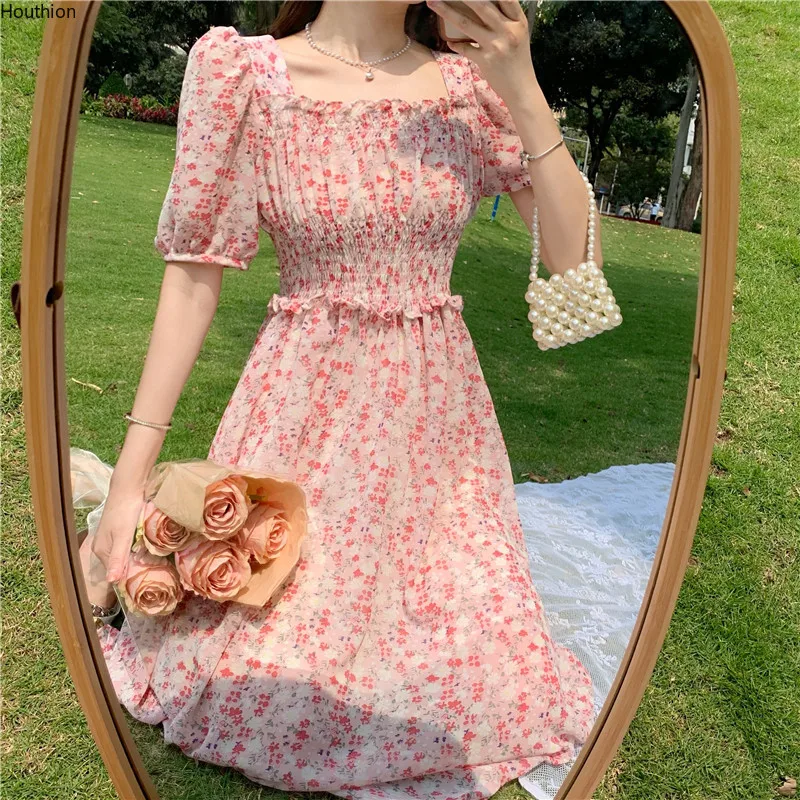 

Houthion Women Dresses Chiffon Long Dress New Short Sleeve Fashion Loose Plus Size Dresse A-LINE Casual Print Bohemia