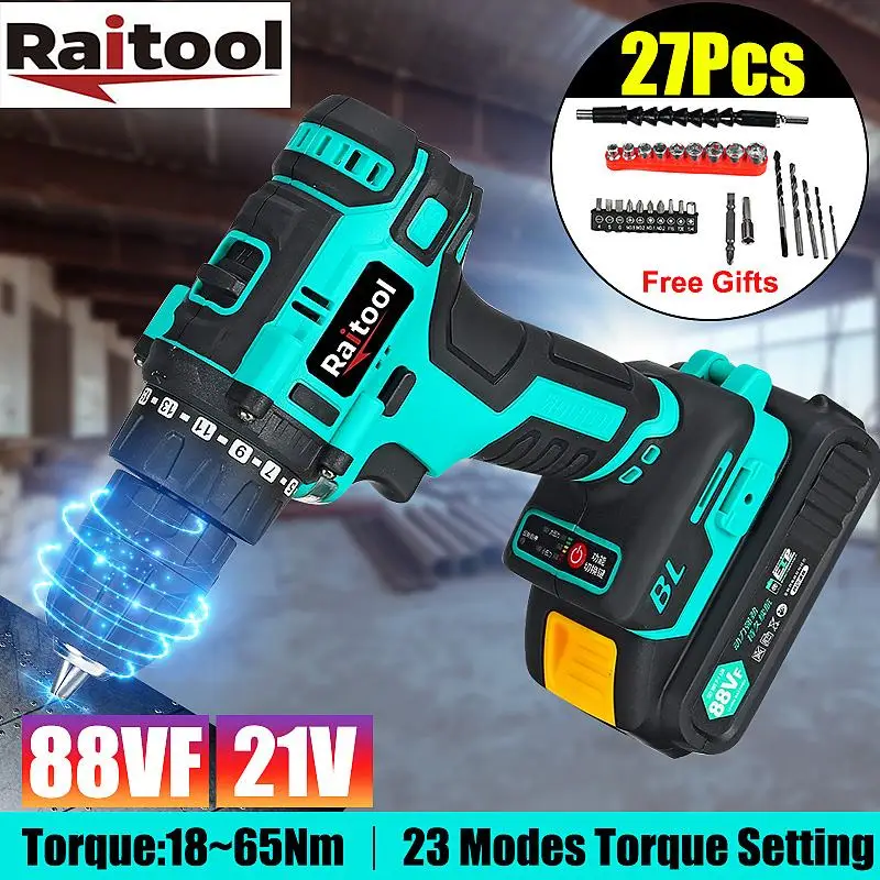 Raitool 88VF Cordless Electric Drill Brushless Hand Drill Mini Electric Screwdriver Rechargeable Drill with 27pcs Chuck Tools
Raitool 88VF Cordless Electric Drill Brushless Hand Drill Mini Electric Screwdriver Rechargeable Drill with 27pcs Chuck Tools