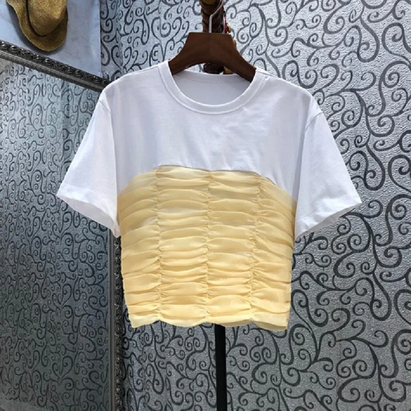 2021 Summer Fashion Tops & Tees High Quality Women O-Neck Pleated Patchwork Short Sleeve Casual Yellow Black Tops Ladies T-Shirt
2021 Summer Fashion Tops & Tees High Quality Women O-Neck Pleated Patchwork Short Sleeve Casual Yellow Black Tops Ladies T-Shirt