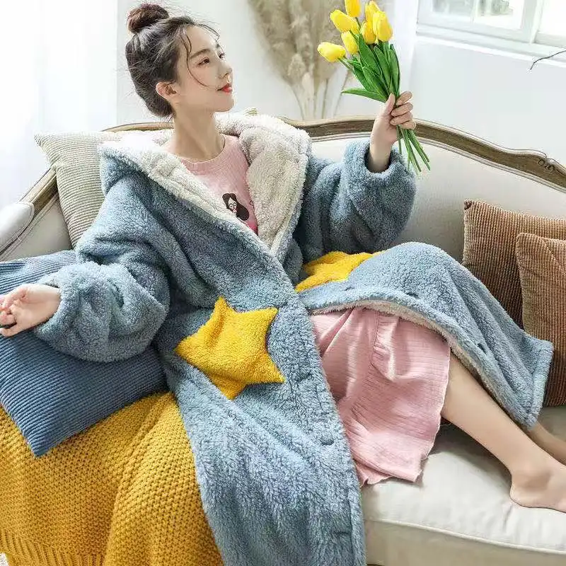 Cute Star Winter Kimono Robe Flannel Bathrobe Gown Thick Warm Sleepwear Nightgown Women Nightwear Hooded Loose Home Dresses
Cute Star Winter Kimono Robe Flannel Bathrobe Gown Thick Warm Sleepwear Nightgown Women Nightwear Hooded Loose Home Dresses