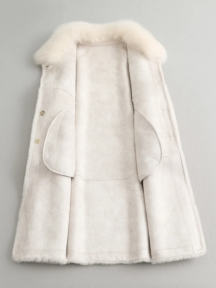 

Пальто из натурального меха, Женская куртка из 100% шерсти, женская одежда, воротник из лисьего меха, стрижка овечьей шерсти, Женское зимнее па...