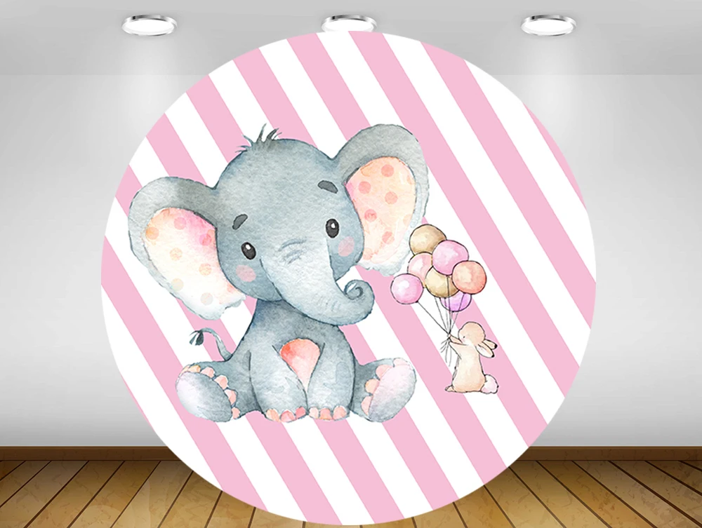 

Round circle background girl baby shower pink stripes cute elephant backdrop birthday party decor candy table fabric YY-267