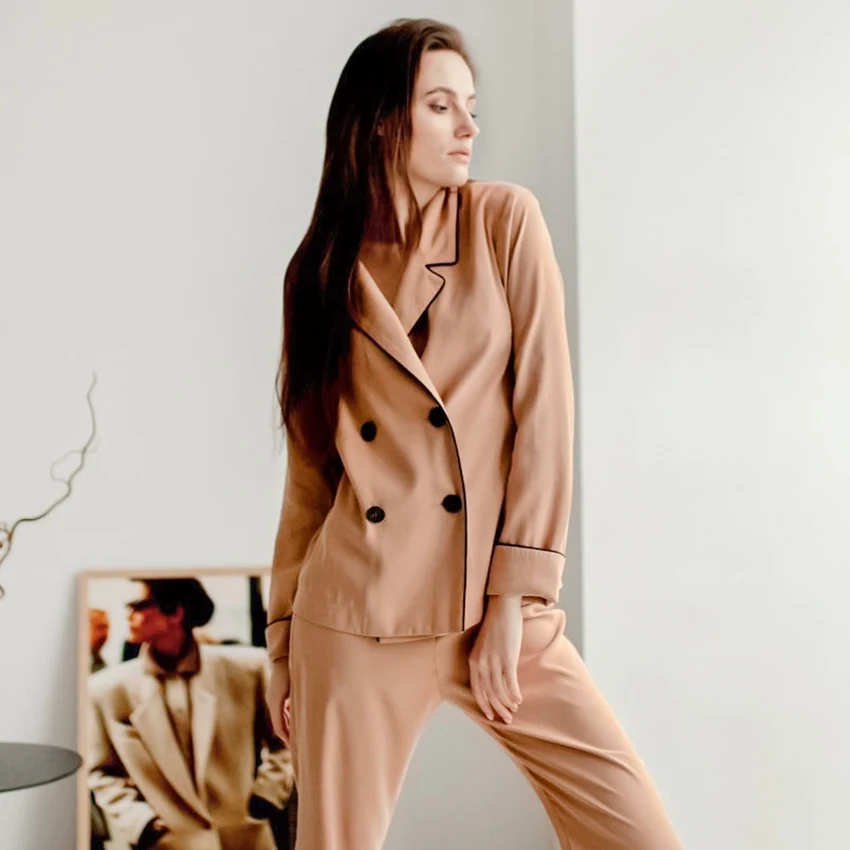 Restve Solid Sleepwear Women 2 Piece Set Turn Down Collar Long Sleeve Tops Buttons Female Sets With Pants Autumn Casual 2021
Restve Solid Sleepwear Women 2 Piece Set Turn Down Collar Long Sleeve Tops Buttons Female Sets With Pants Autumn Casual 2021