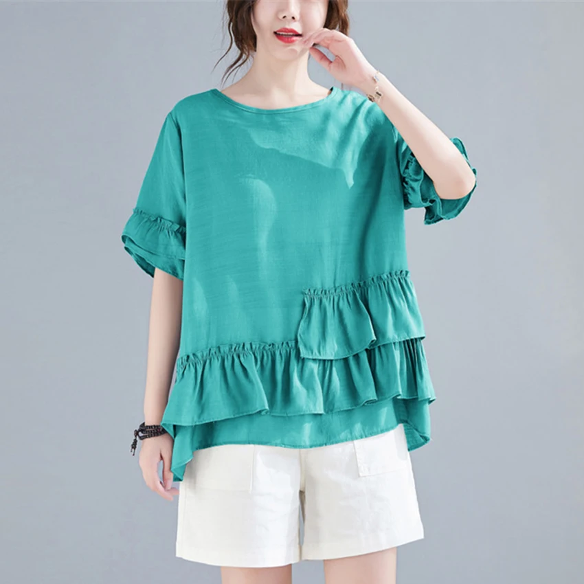 Summer Tops Women Short Sleeve Ruffle Elegant Blouse Black White Cotton Linen Shirt Casual Loose Blusa Mujer
Summer Tops Women Short Sleeve Ruffle Elegant Blouse Black White Cotton Linen Shirt Casual Loose Blusa Mujer