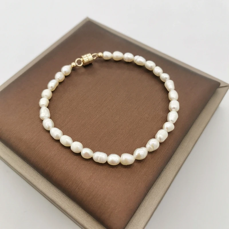 

4mm Natural Freshwater Pearls Beaded Bracelet 14K Gold Filled Magnet Clasp White Pearl Barouque Tiny Bracelet For Women Gift