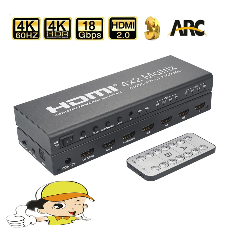 

4K HDMI 2.0 4X2 Matrix with audio to HDMI Switcher Switch 4 in 2 Splitter ARC 4K/60HZ HDCP 4K 60Hz YUV 4:4:4 HDR ARC Switch
