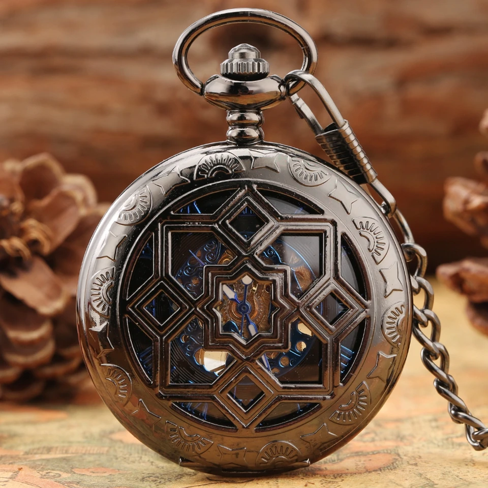 Multilateral Rhombus Hollow Flowers Case Hand Winding Mechanical Pocket Watch Retro Blue Skeleton Dial FOB Chain Luxury reloj | Наручные