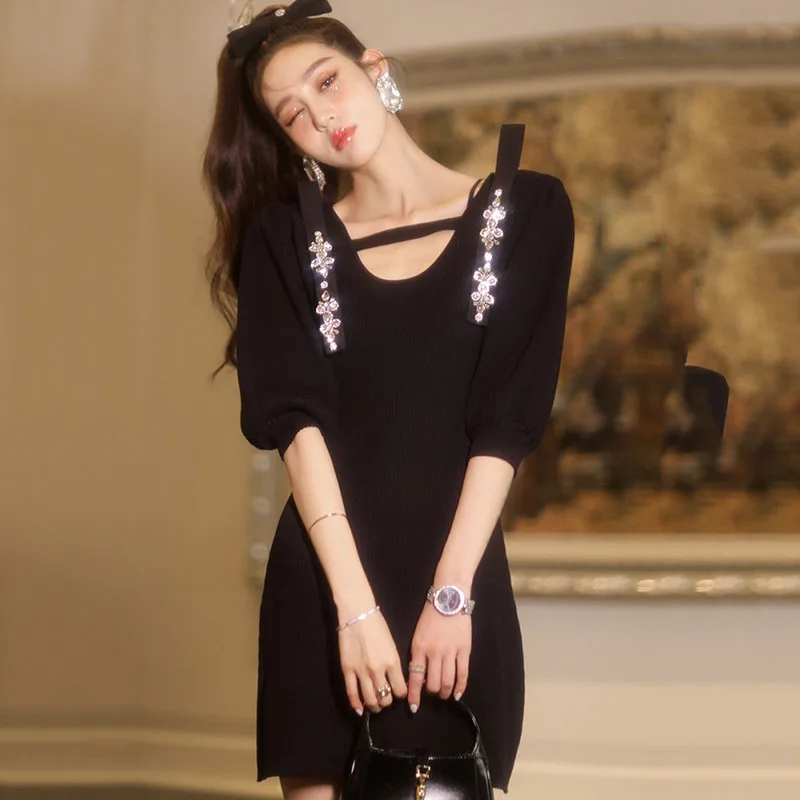 DEAT Women Black Patchwork Diamonds Dress New Round Neck Short Puff Sleeve Slim Fit High Waist Fashion Tide Summer 2021 7D0883
DEAT Women Black Patchwork Diamonds Dress New Round Neck Short Puff Sleeve Slim Fit High Waist Fashion Tide Summer 2021 7D0883