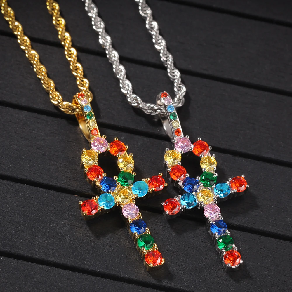 Hip Hop Ankh Cross Pendant Necklace Micro Pave Bling Colorful CZ Stones Egyptian Style Prayer Necklace Pendants For Men & Women 
Hip Hop Ankh Cross Pendant Necklace Micro Pave Bling Colorful CZ Stones Egyptian Style Prayer Necklace Pendants For Men & Women