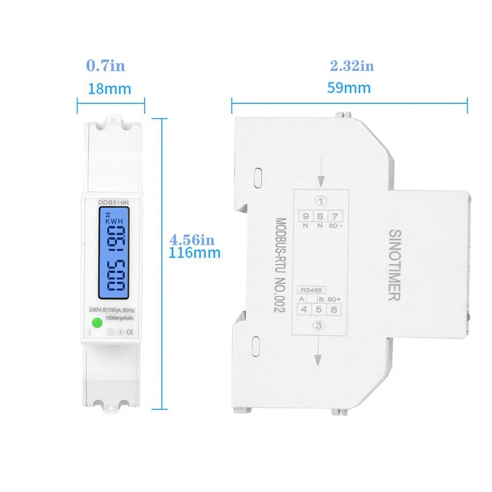 

DDS519R LCD Mudbus 18mm Mini Digital Power Meter Single Phase Watt Meter DIN Rail With Backlight AC 5-100A 230V