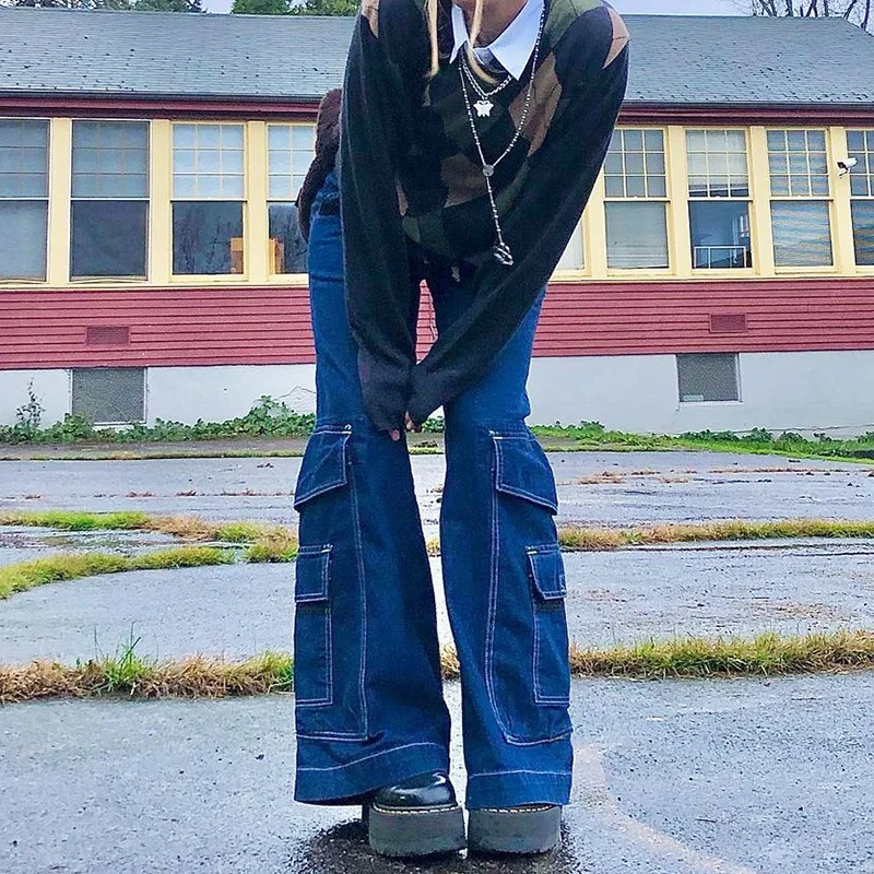 Autumn new women's trousers high waist ins European and American style tooling large pockets drape micro-laden jeans trousers 
Autumn new women's trousers high waist ins European and American style tooling large pockets drape micro-laden jeans trousers
