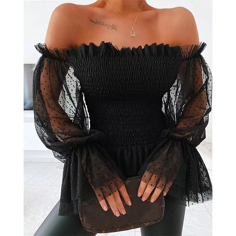 2021 spring and autumn new sexy off shoulder women's mesh flared sleeve shirt fashion transparent long sleeve lace frill Shirt T
2021 spring and autumn new sexy off shoulder women's mesh flared sleeve shirt fashion transparent long sleeve lace frill Shirt T
