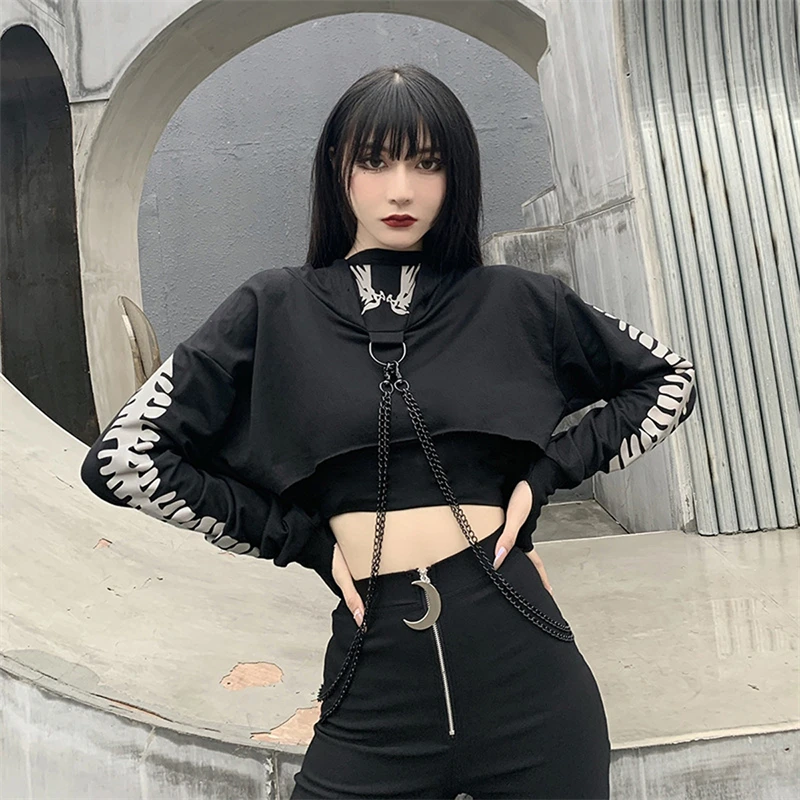 Hirigin Women Fashion Gothic Y2k Reflective Fish Bone Print Exposed Navel Hooded Tops Casual Long Sleeve Sweatshirt Streetwear
Hirigin Women Fashion Gothic Y2k Reflective Fish Bone Print Exposed Navel Hooded Tops Casual Long Sleeve Sweatshirt Streetwear