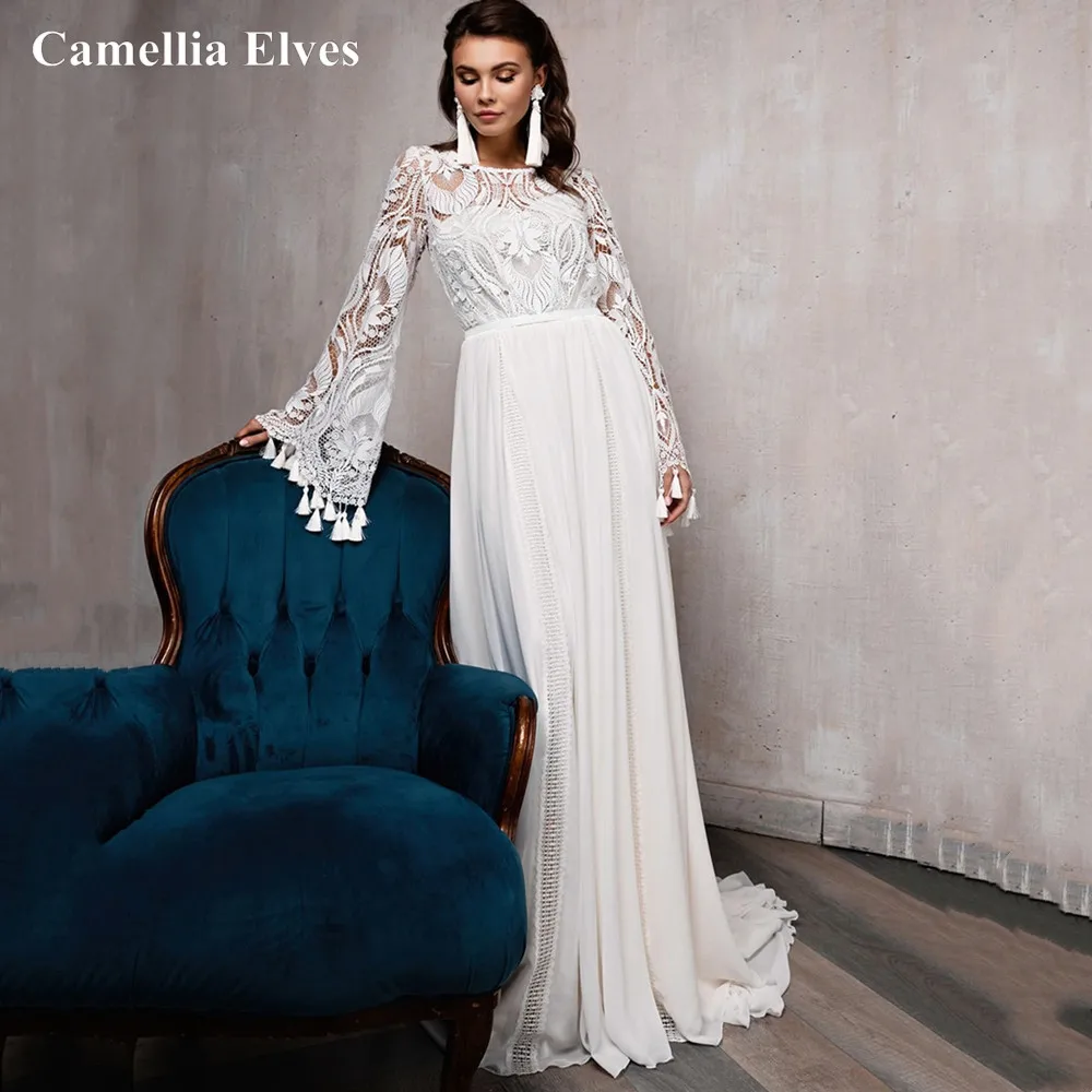 Modern Chiffon Boho Wedding Dress A Line Tassel Lace Long Sleeve Bride Gown Corset Lace-up Backless Bridal Robe De Mariee
Modern Chiffon Boho Wedding Dress A Line Tassel Lace Long Sleeve Bride Gown Corset Lace-up Backless Bridal Robe De Mariee