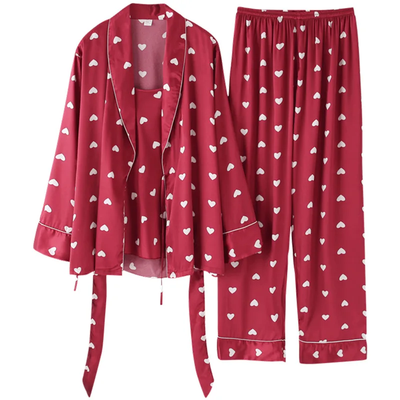 Autumn new silk pajamas three piece women's love, sweet and lovely silk robe
Autumn new silk pajamas three piece women's love, sweet and lovely silk robe