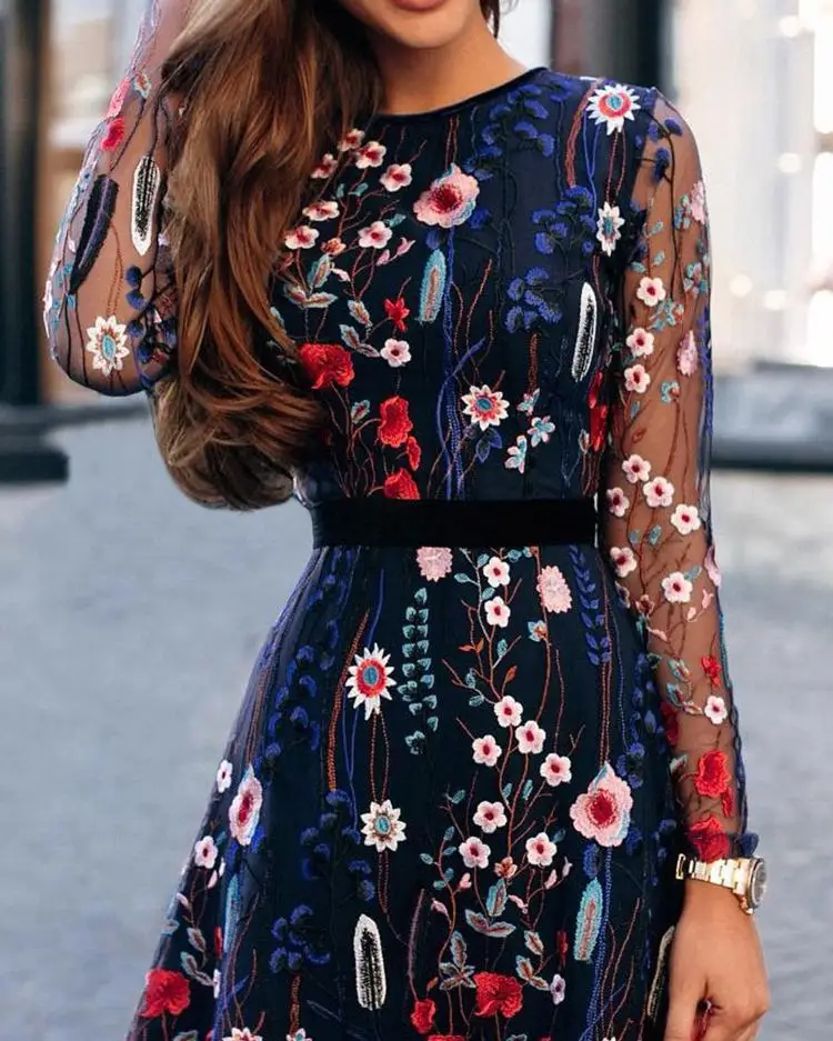 Floral Embroidery Mesh Sleeve Mini Dress 
Floral Embroidery Mesh Sleeve Mini Dress