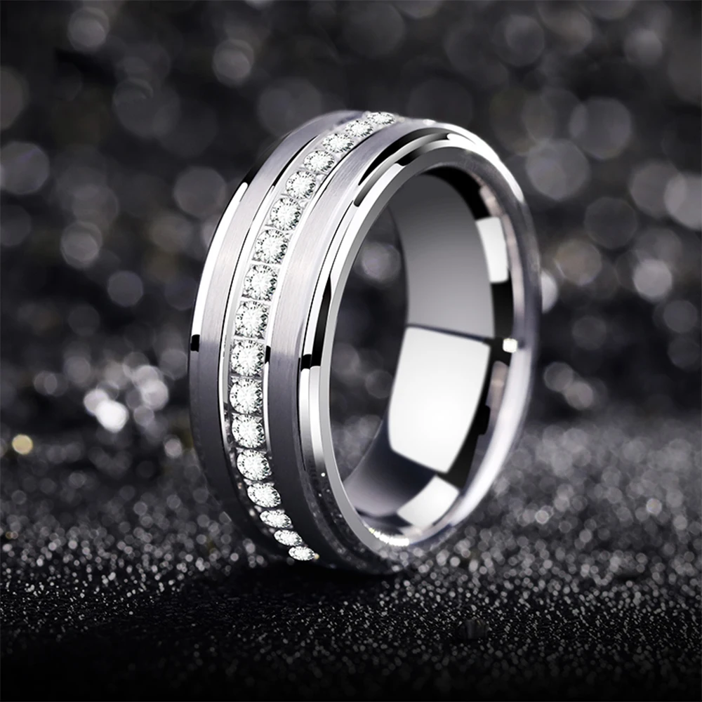 Newshe Mens Promise Wedding Band Tungsten Carbide Rings For Men Charm Ring 8mm Size 9-13 AAAAA White Round Zircon Jewelry TRX058 | Украшения