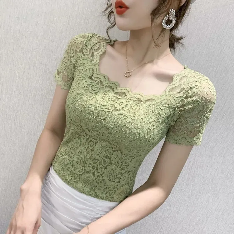 Women Square Collar Short Sleeve Lace Crochet Blouse Shirts Summer Korean Style Hollow Out Tops Office Lady Solid Party Blouses 
Women Square Collar Short Sleeve Lace Crochet Blouse Shirts Summer Korean Style Hollow Out Tops Office Lady Solid Party Blouses