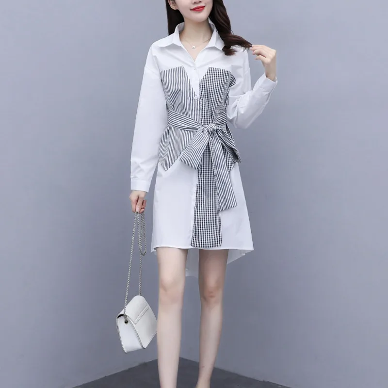 Plus Size Stripe Patchwork Women Shirts Dress 2021 Spring Elegant Sashes Loose Long Sleeve High Low Mini Dress Oversize Clothes 
Plus Size Stripe Patchwork Women Shirts Dress 2021 Spring Elegant Sashes Loose Long Sleeve High Low Mini Dress Oversize Clothes