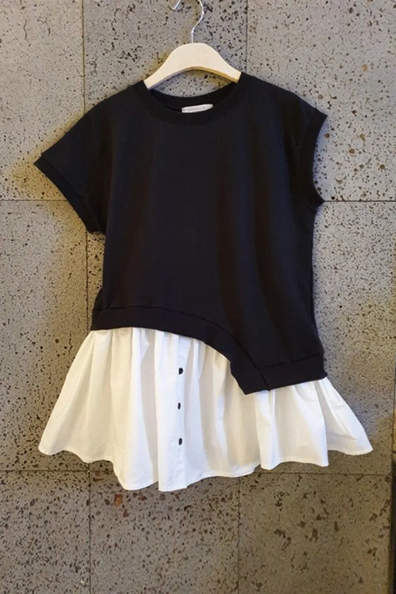 2021 Summer New Ruffled Stitching Contrast Color Tees Women's Round Neck Short Sleeve Irregular Loose T-shirt Ladies
2021 Summer New Ruffled Stitching Contrast Color Tees Women's Round Neck Short Sleeve Irregular Loose T-shirt Ladies