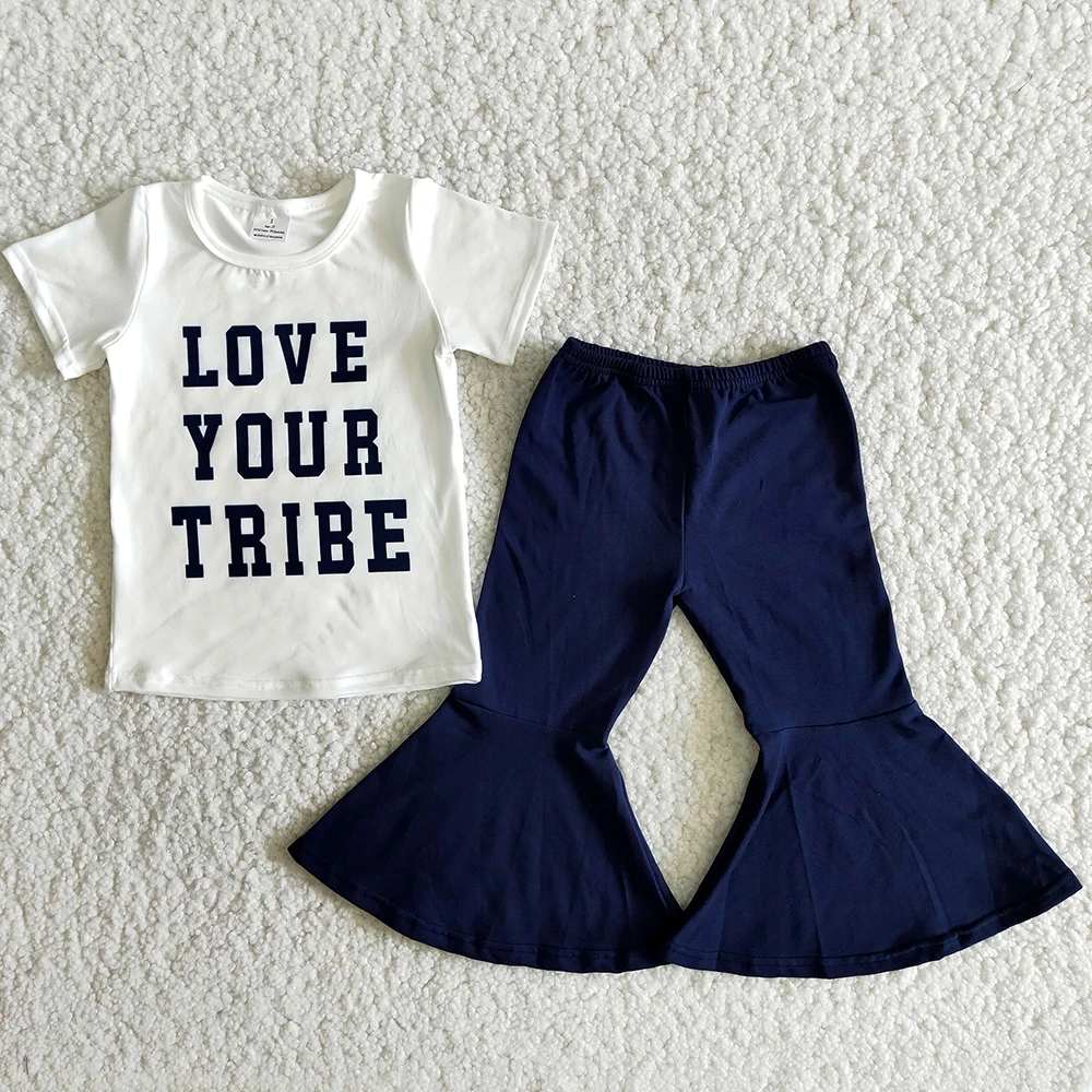 White Top Navy Solid Color Beller Pants Children Clothes Boutique Girl Short Sleeve Outfits Toddlers Letters Design Set
White Top Navy Solid Color Beller Pants Children Clothes Boutique Girl Short Sleeve Outfits Toddlers Letters Design Set