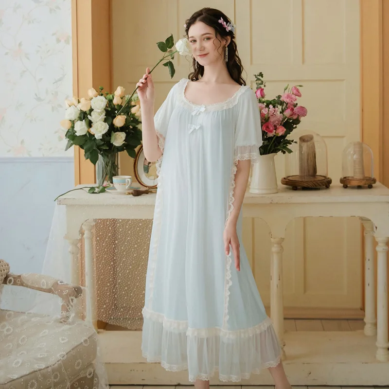 

Romantic Long Night Dress Women Fairy Mesh Modal Sleepwear Princess Lace Peignoir Victorian Vintage Nightgowns Kawaii Nightwear