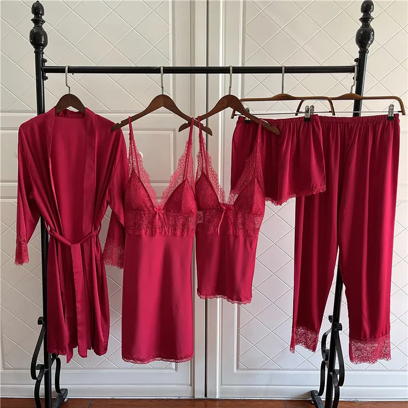 Black Sexy Lace Pajamas Set 5pcs Female Sleepwear Kimono Bathrobe Gown Loose Casual Home Clothes Sleep Set Silky Satin Pijamas
Black Sexy Lace Pajamas Set 5pcs Female Sleepwear Kimono Bathrobe Gown Loose Casual Home Clothes Sleep Set Silky Satin Pijamas