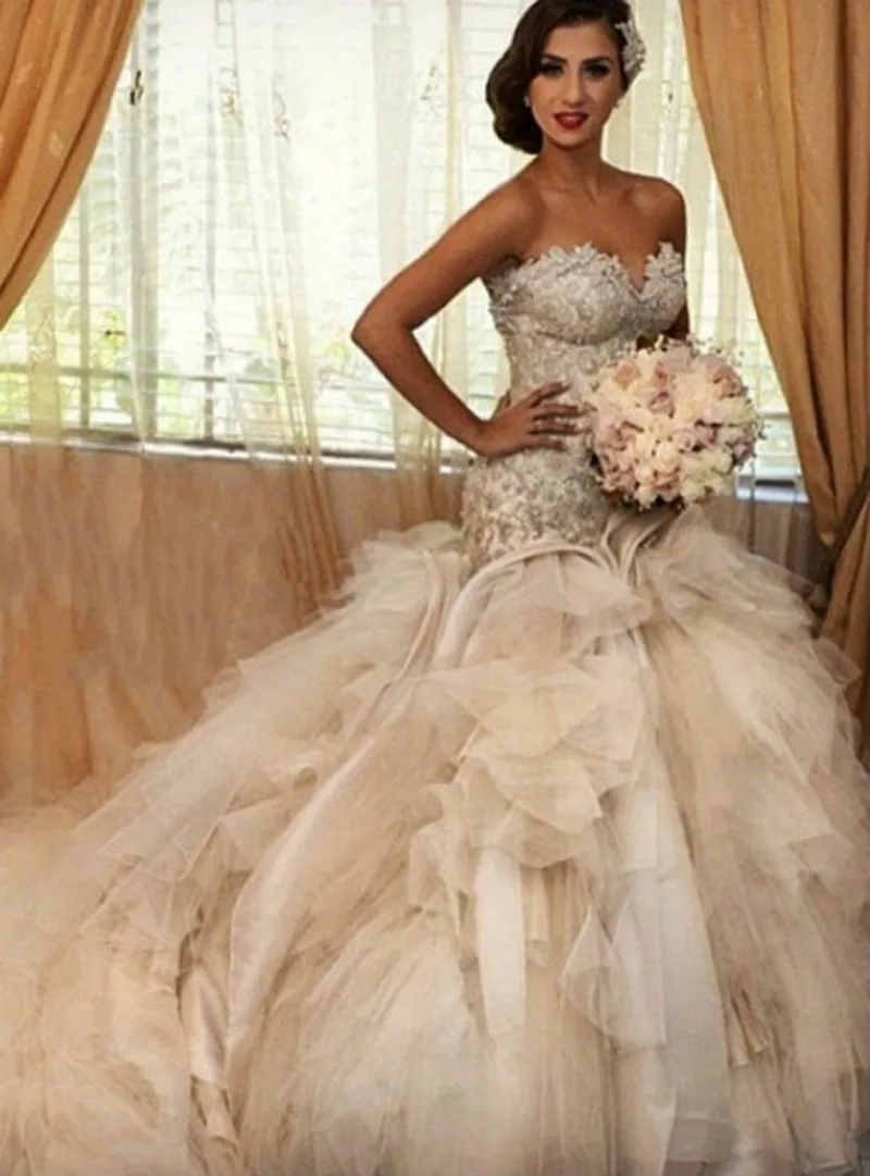 Royal Sweetheart Neck Mermaid Wedding Dresses Chapel Train Lace Appliques Beaded Bridal Gowns Custom Made Arabic robe de mariee
Royal Sweetheart Neck Mermaid Wedding Dresses Chapel Train Lace Appliques Beaded Bridal Gowns Custom Made Arabic robe de mariee