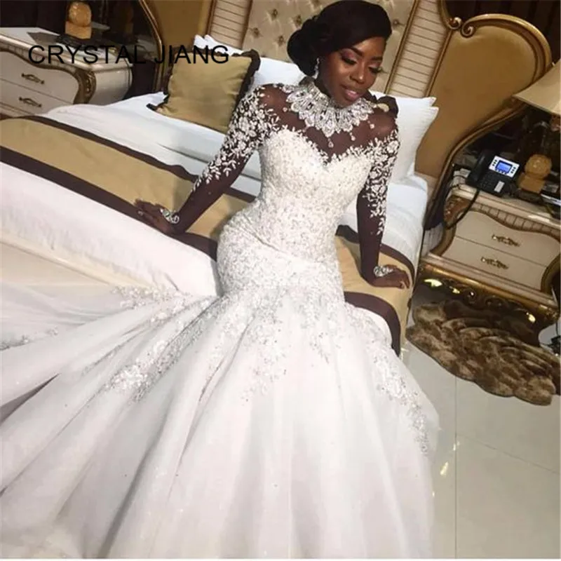 New Arrival 2020 Mermaid Wedding Dress Lace Applique Bride Dress Custom made Muslim Long Sleeves Crsytal Fishtail Wedding Dress
New Arrival 2020 Mermaid Wedding Dress Lace Applique Bride Dress Custom made Muslim Long Sleeves Crsytal Fishtail Wedding Dress