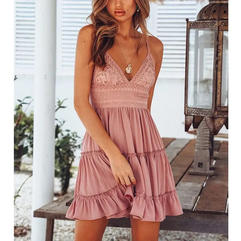 Women's Summer V Neck Lace Spaghetti Strap Bowknot Backless Sleeveless Mini Swing Skater Dress
Women's Summer V Neck Lace Spaghetti Strap Bowknot Backless Sleeveless Mini Swing Skater Dress