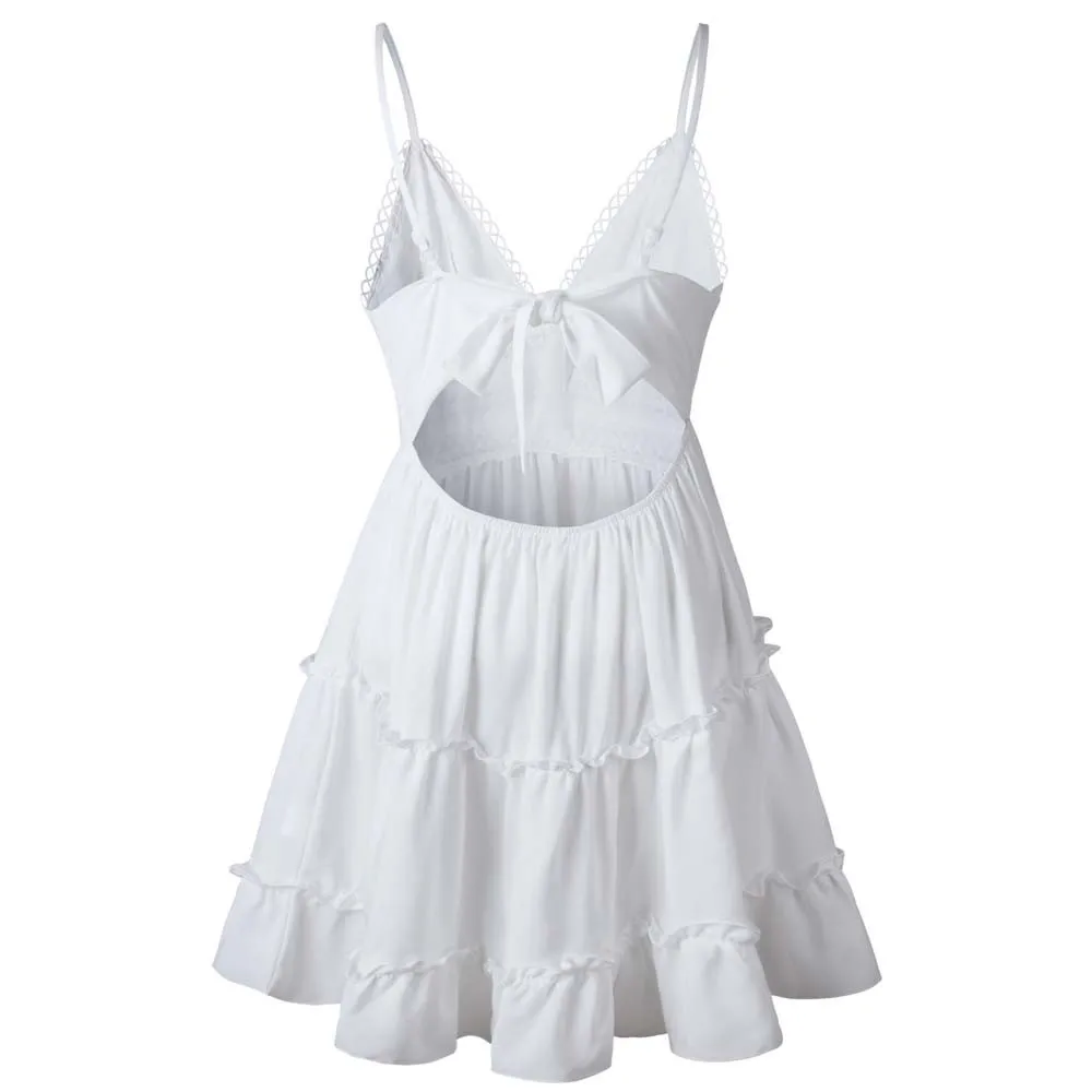 Summer Women Summer Dress Sexy Bow Backless V-neck Mini Beach Dresses Sleeveless Mini Ruffle White Summer Beach Dress
Summer Women Summer Dress Sexy Bow Backless V-neck Mini Beach Dresses Sleeveless Mini Ruffle White Summer Beach Dress