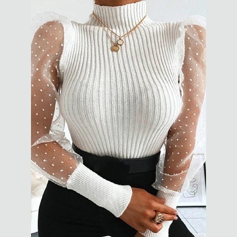 Turtleneck Knitted Polka Dot Puff Long Sleeve Blouse Women Mesh Sheer See-through Shirt Elegant Ladies Slim Tops Blusa Femme
Turtleneck Knitted Polka Dot Puff Long Sleeve Blouse Women Mesh Sheer See-through Shirt Elegant Ladies Slim Tops Blusa Femme