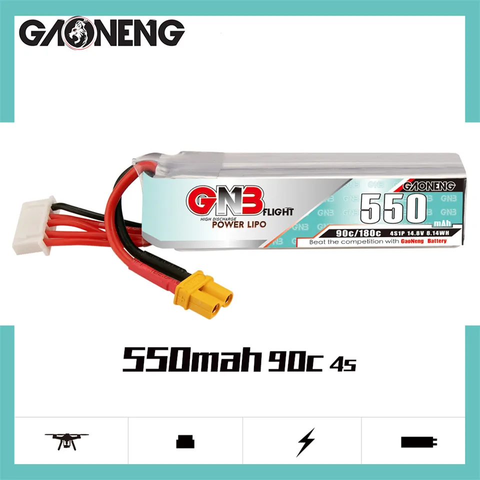 GNBRC 4S 14.8V 90C 550MAH Lipo Battery XT30 Plug Connector for RC FPV Racing Drone Frame Kit Quadcopter Spare Parts
GNBRC 4S 14.8V 90C 550MAH Lipo Battery XT30 Plug Connector for RC FPV Racing Drone Frame Kit Quadcopter Spare Parts