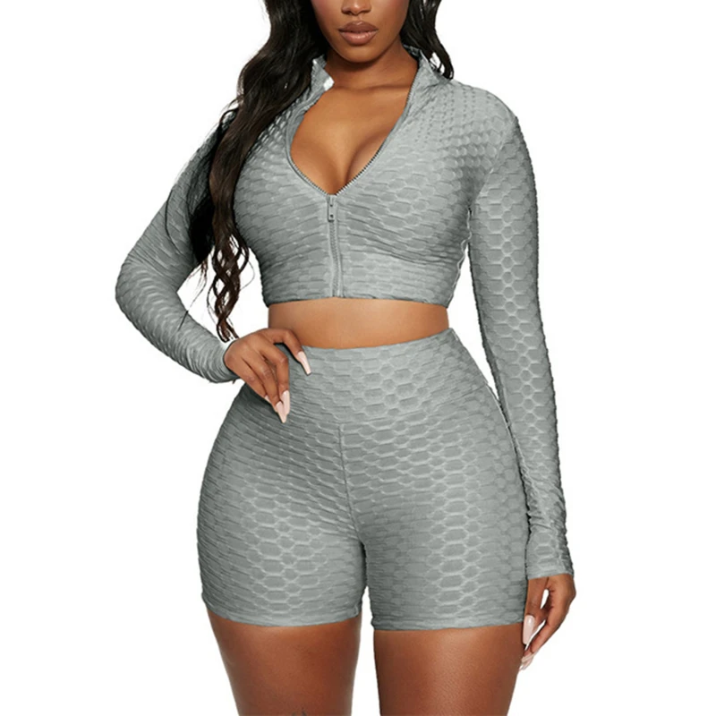 Summer Sports Suit Women Sportswear Solid Color Pineapple Grid Long Sleeve Zipper Coat Shorts Set Long Sleeve Sportswear Set
Summer Sports Suit Women Sportswear Solid Color Pineapple Grid Long Sleeve Zipper Coat Shorts Set Long Sleeve Sportswear Set