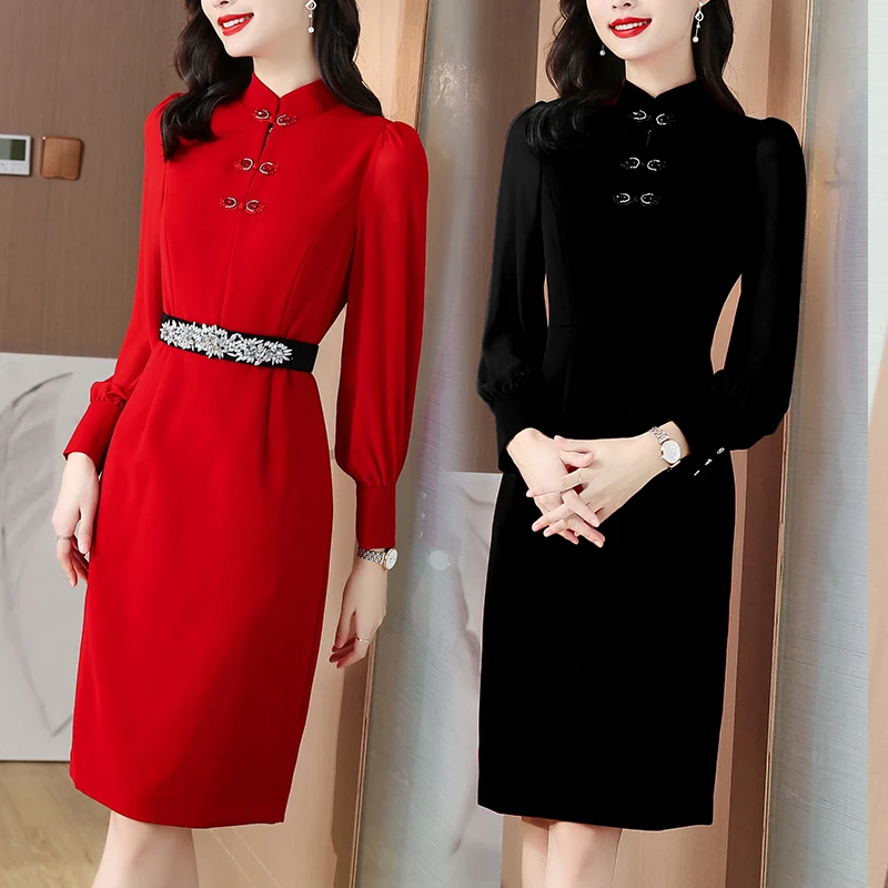 Women Dress Autumn 2021 Chinese Style Office Lady Cheongsam Long Sleeve Solid Stand Neck High Waist Zipper Red Black Dresses
Women Dress Autumn 2021 Chinese Style Office Lady Cheongsam Long Sleeve Solid Stand Neck High Waist Zipper Red Black Dresses
