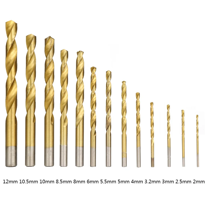 Набор спиральных Сверл из быстрорежущей стали с титановым покрытием 13 шт. 2-12 мм